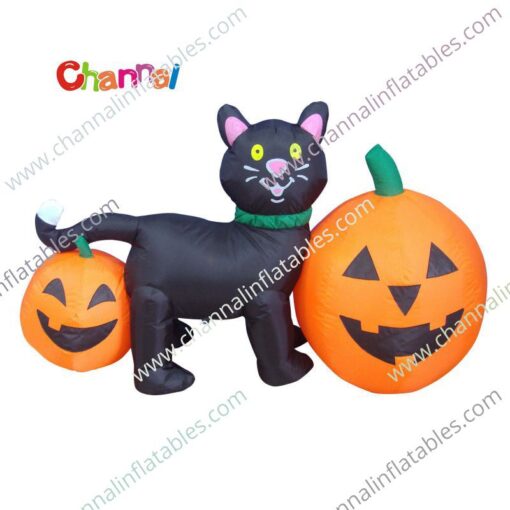 inflatable black cat with two pumpkins