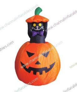 inflatable black cat inside a pumpkin