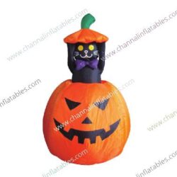 inflatable black cat inside a pumpkin
