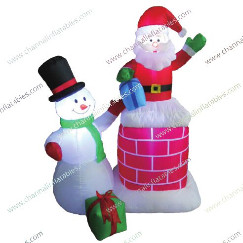 inflatable Santa in chimney with snowman