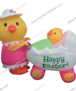 inflatable Easter Chicken Mother with his chick baby in a stroller