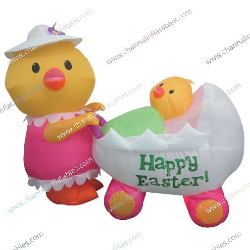 inflatable Easter Chicken Mother with his chick baby in a stroller