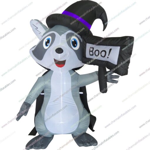 inflatable racoon with boo sign