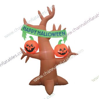 inflatable tree with pumpkin and happy halloween banner