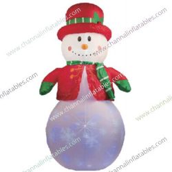 inflatable snowman with red hat and green scarf