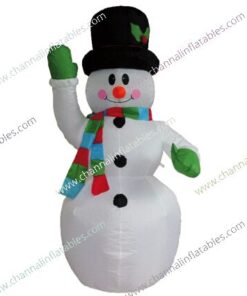 inflatable snowman with green mitten