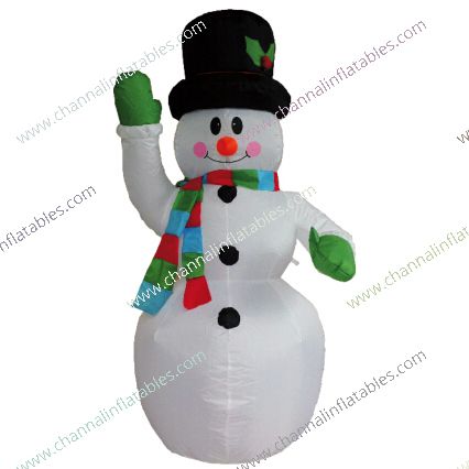 inflatable snowman with green mitten