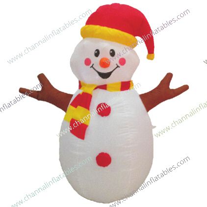 inflatable snowman with santa hat and stick arm