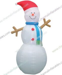 inflatable snowman with Santa hat and stick arm