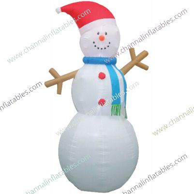 inflatable snowman with Santa hat and stick arm