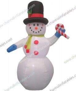 inflatable snowman with blue gloves and candy cane