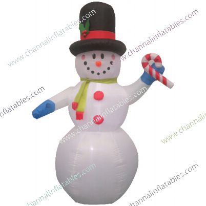 inflatable snowman with blue gloves and candy cane