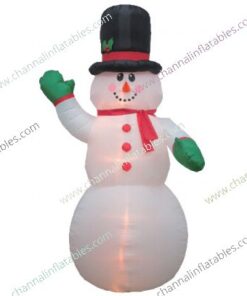 inflatable snowman with green mitten