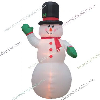 inflatable snowman with green mitten